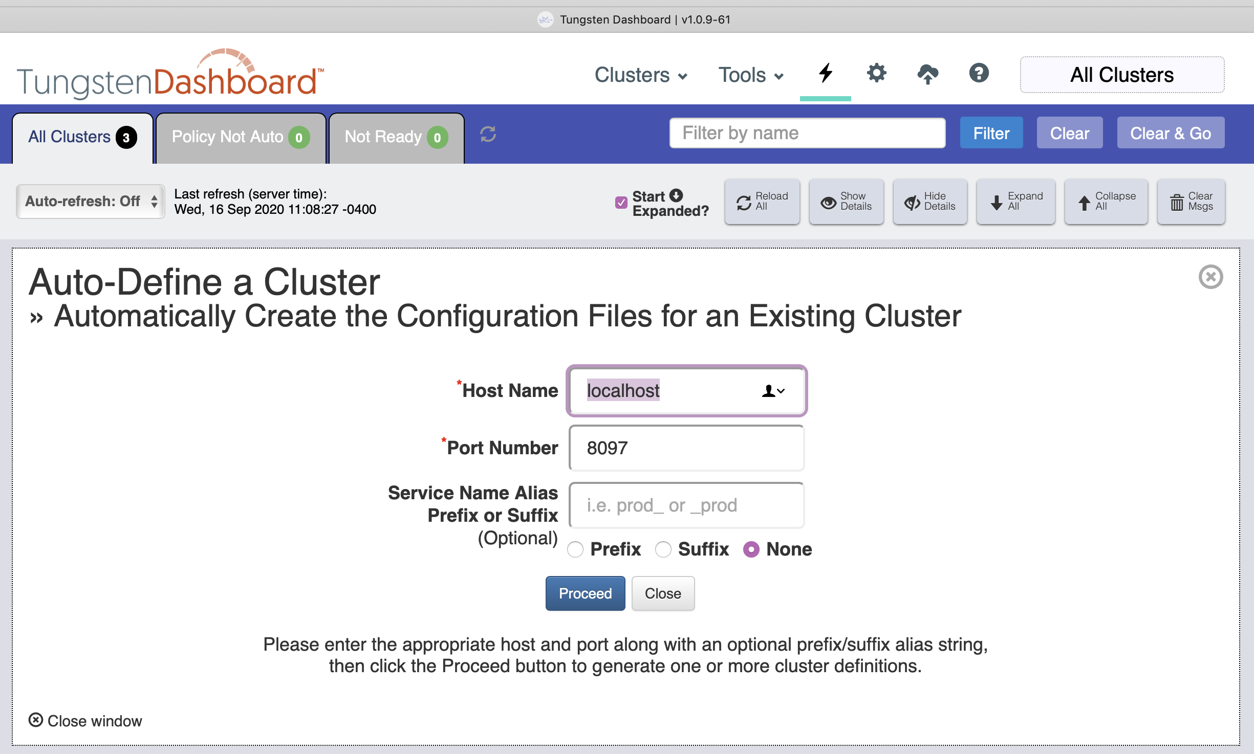 Tungsten Dashboard Auto-Define a Cluster Form