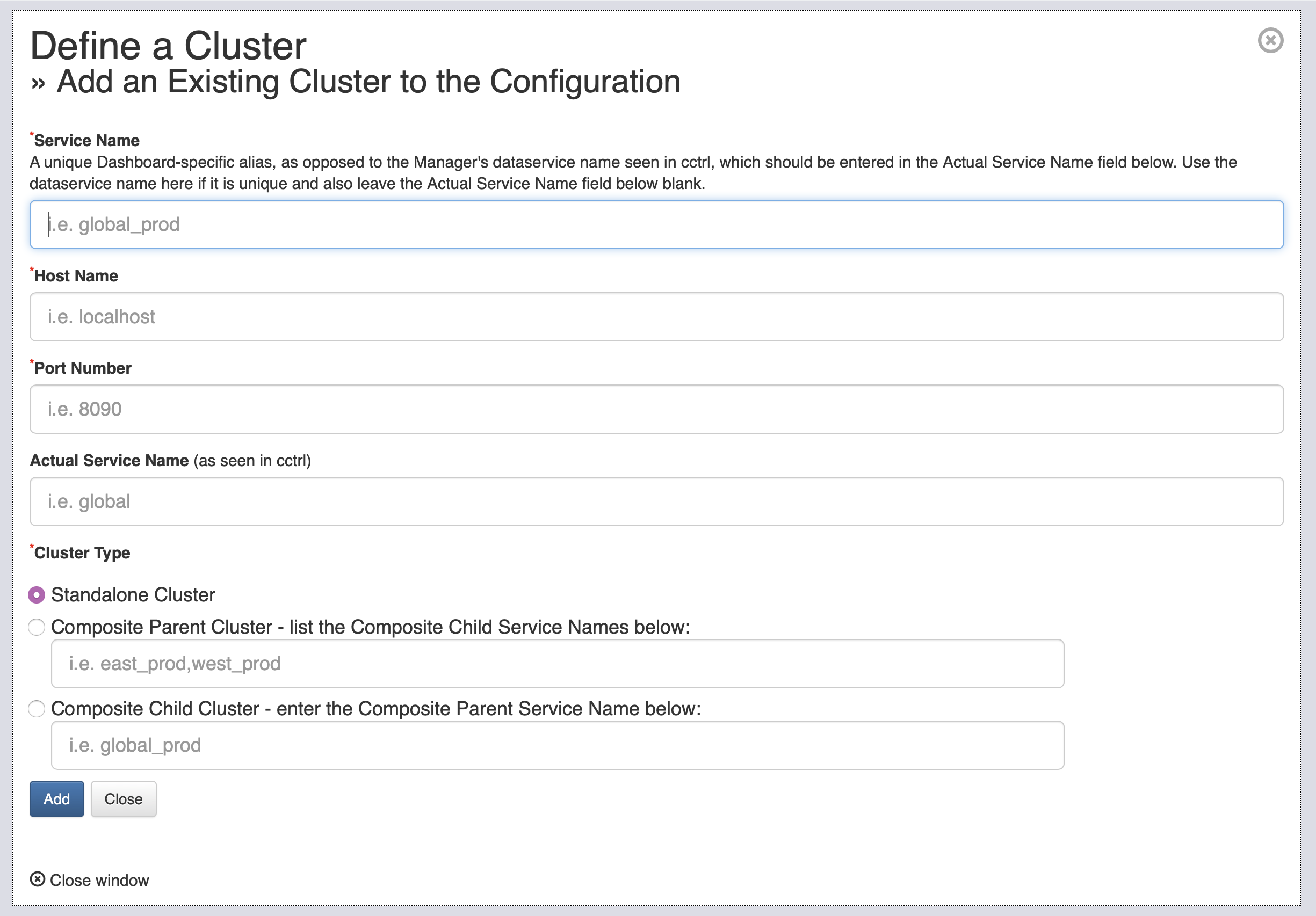 Tungsten Dashboard Define Cluster Form