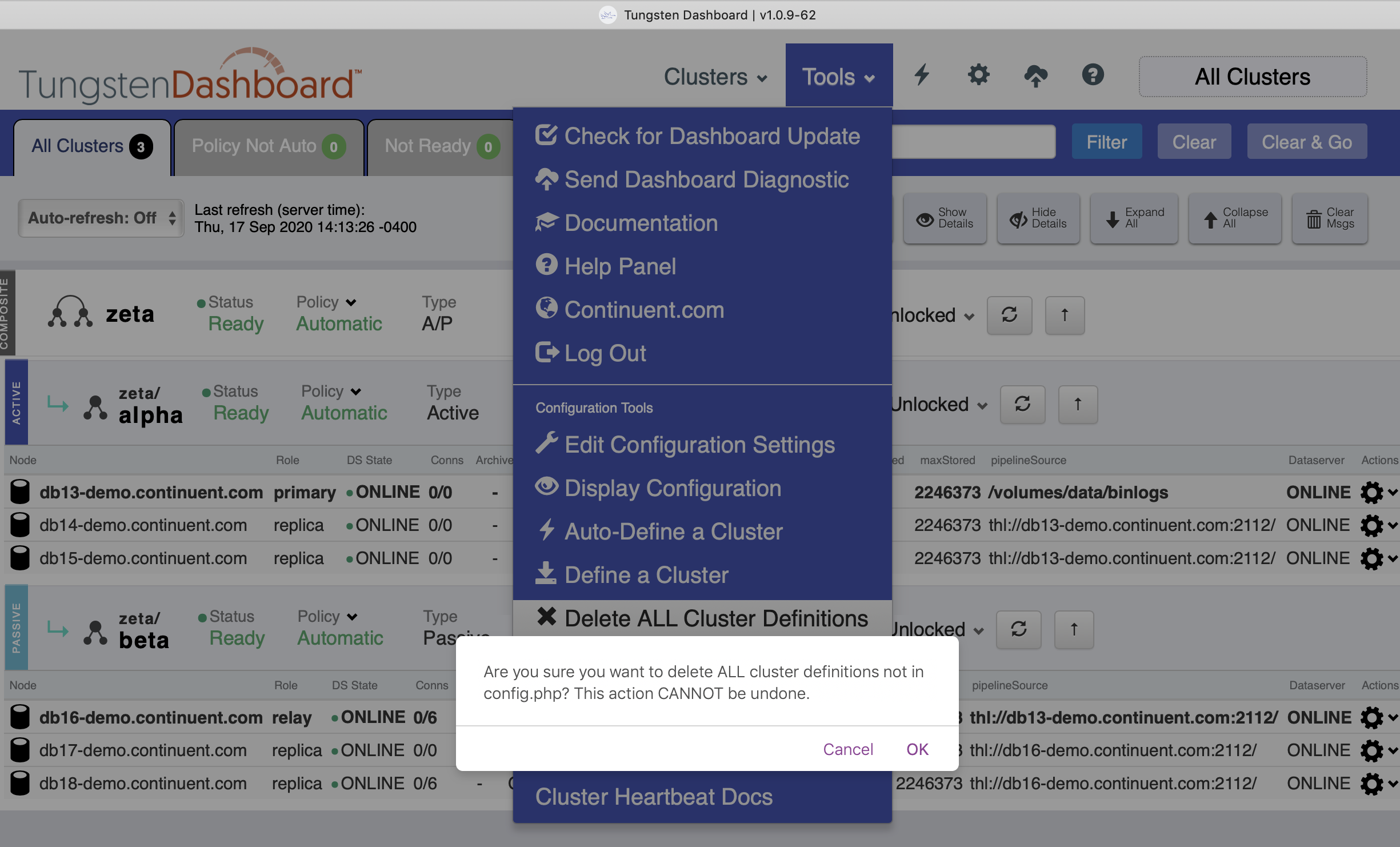 Tungsten Dashboard Delete All Cluster Definitions First Confirmation Prompt