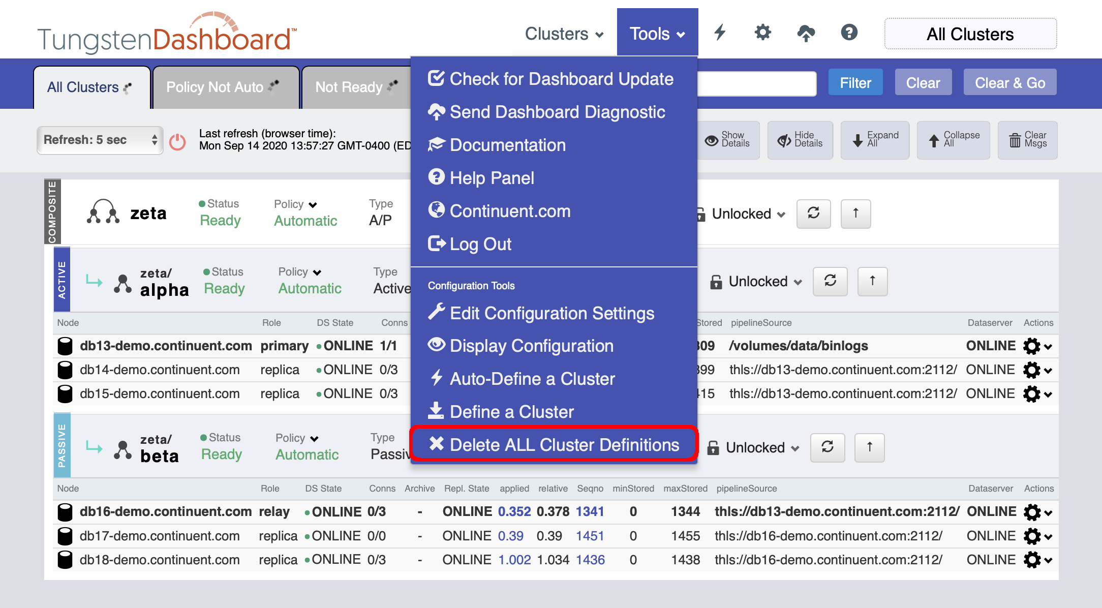 Tungsten Dashboard Delete All Cluster Definitions Menu Option