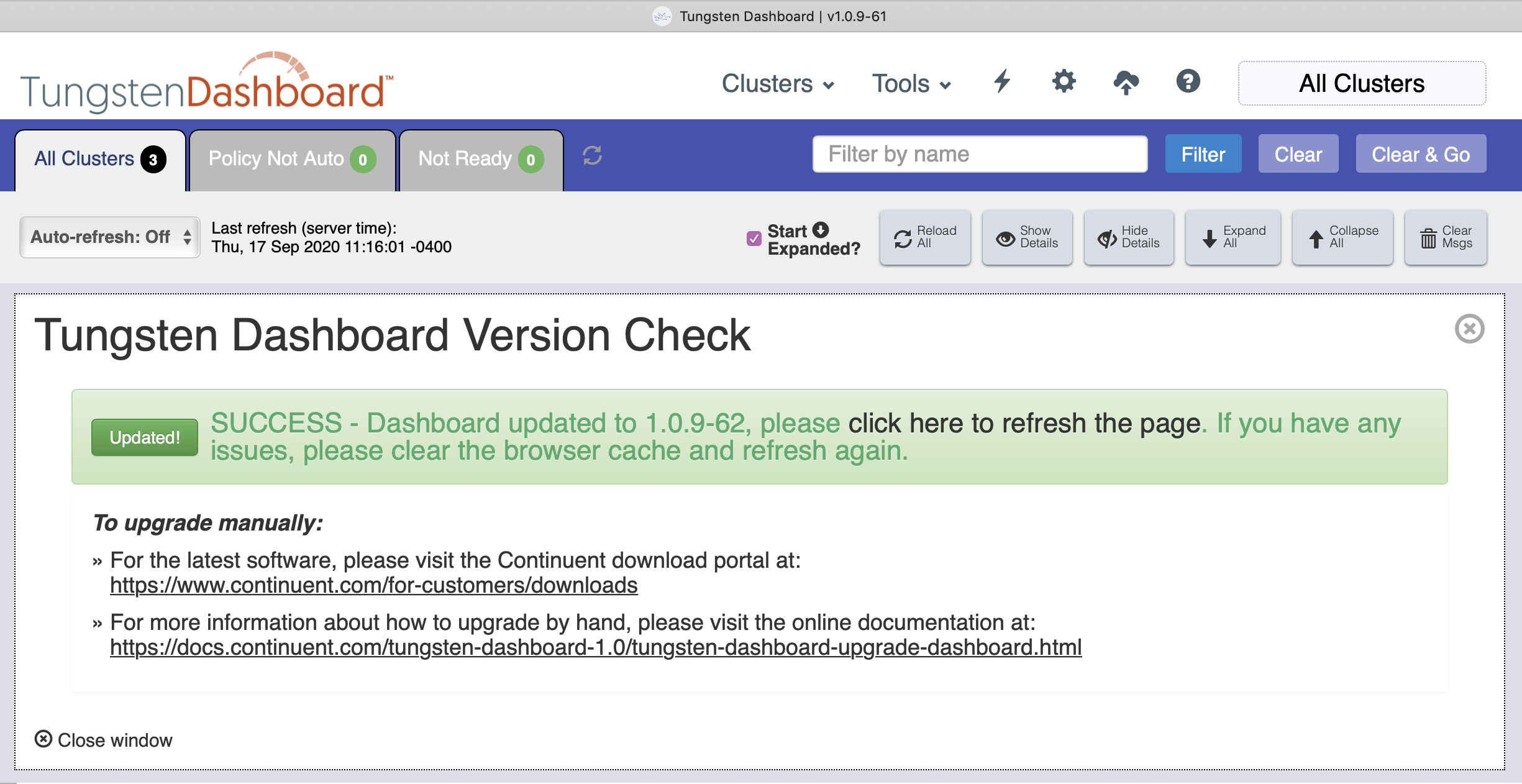 Tungsten Dashboard Self-Update Success