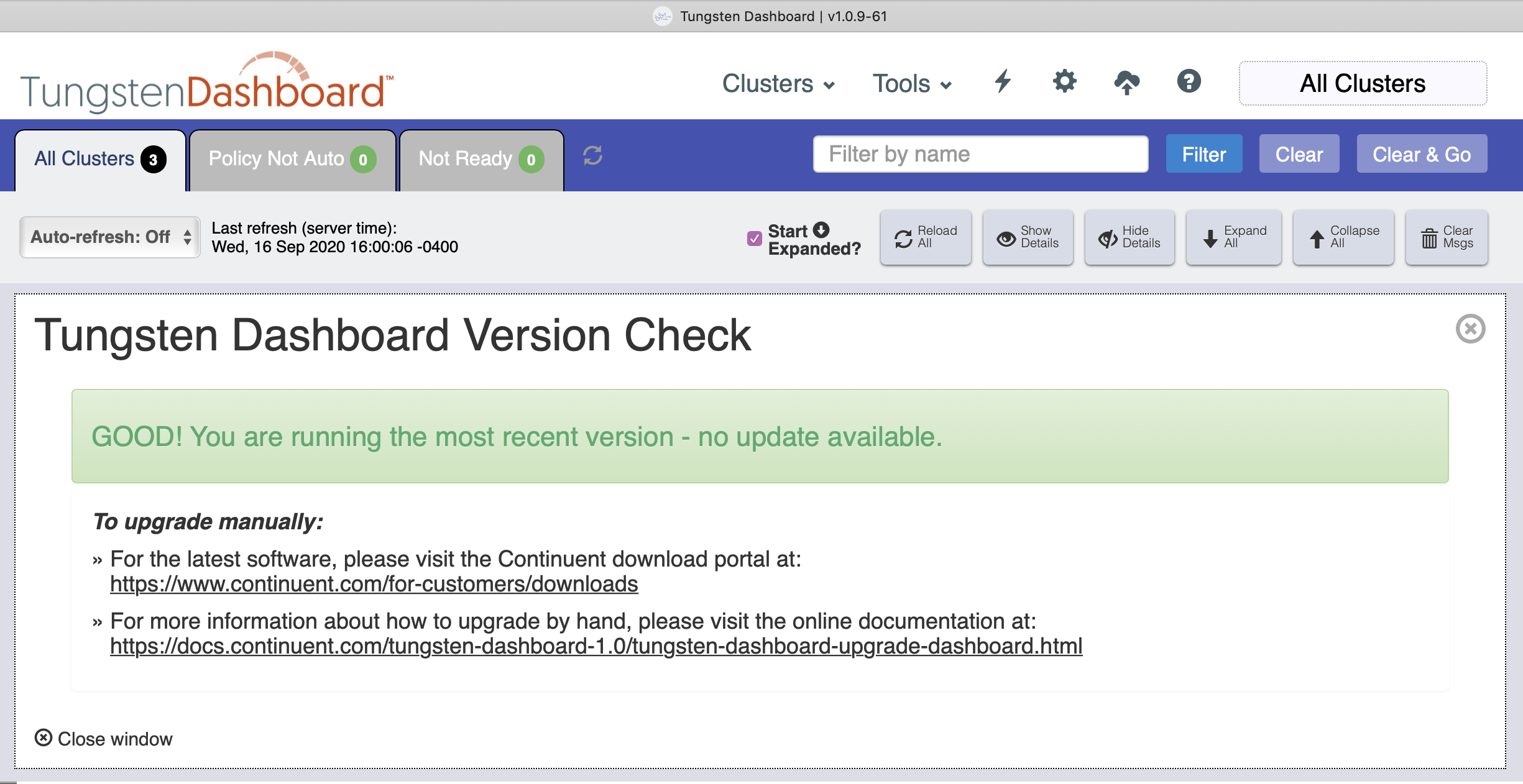 Tungsten Dashboard No Update Available