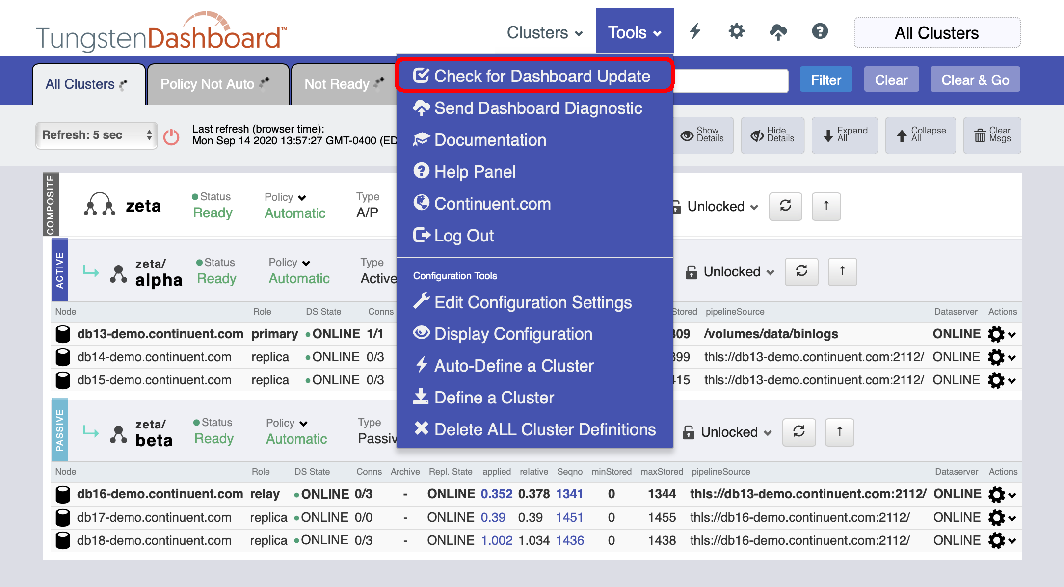 Tungsten Dashboard Self-Update Menu Option